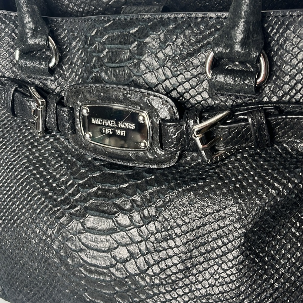 Michael Kors Black Leather Snakeskin Hamilton Bag EUC with Dust Bag - Picture 2 of 14